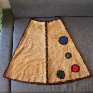Leathered Suede Embroidered Tan Skirt with Colorful Accents
